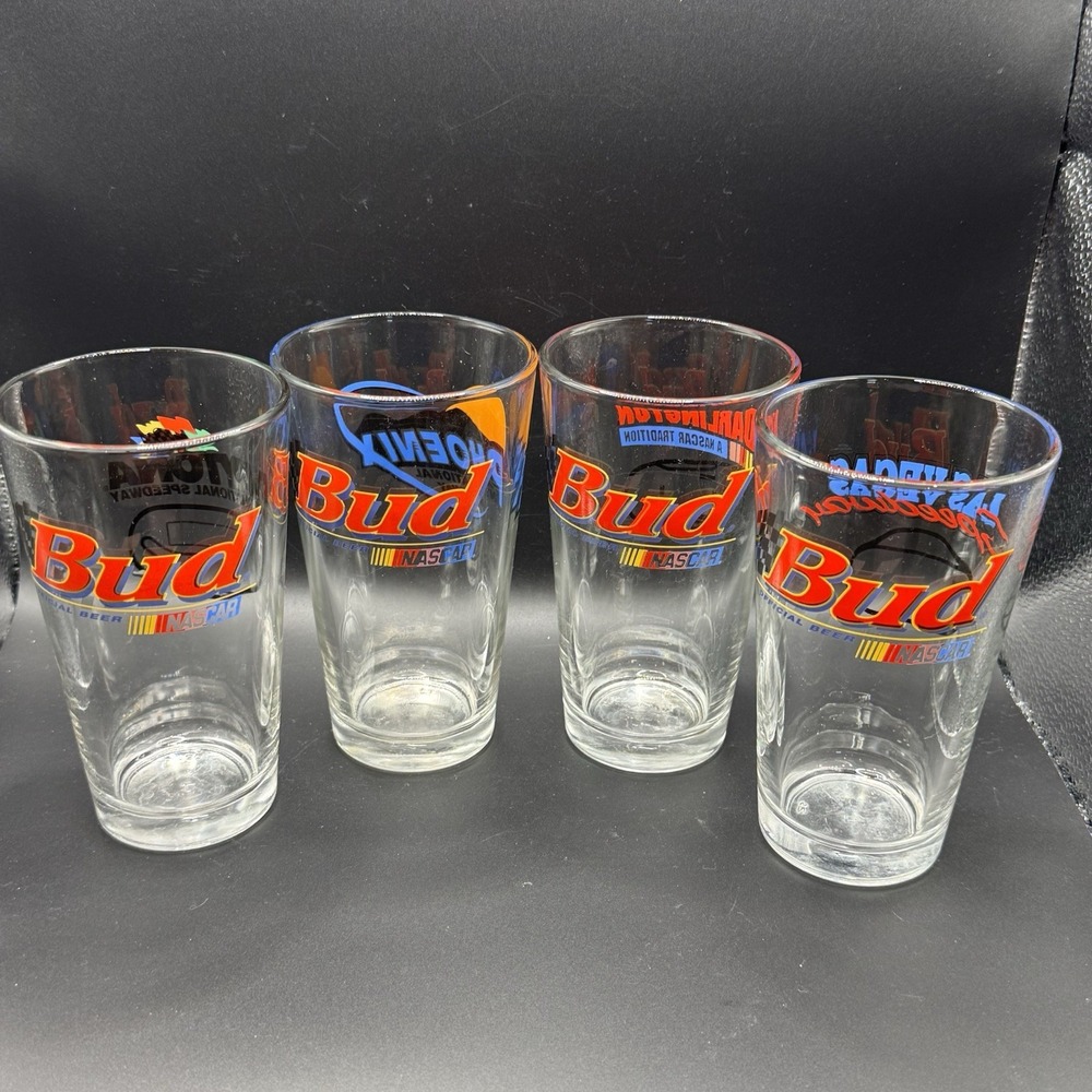 4 Bud Nascar Race Track Pint Beer Glasses Darlington Daytona Las Vegas Phoenix